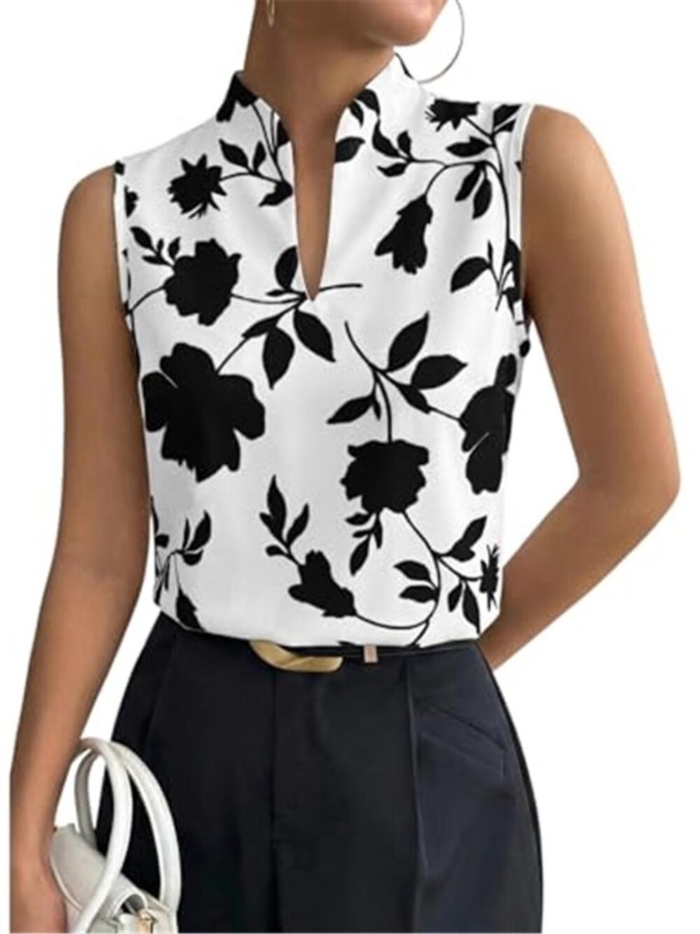 Sleeveless Blouse White Black Floral Polyester Notch Neck Top